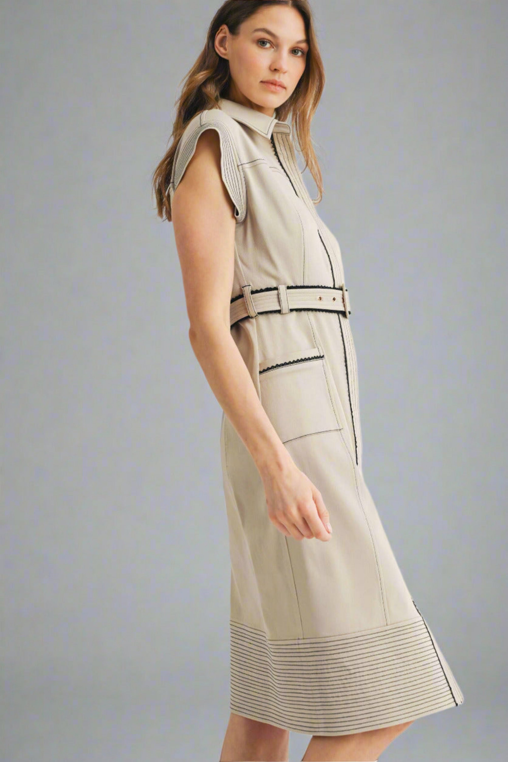 Collared Camel Color with Black Accent Midi Dress with Belt and Pockets