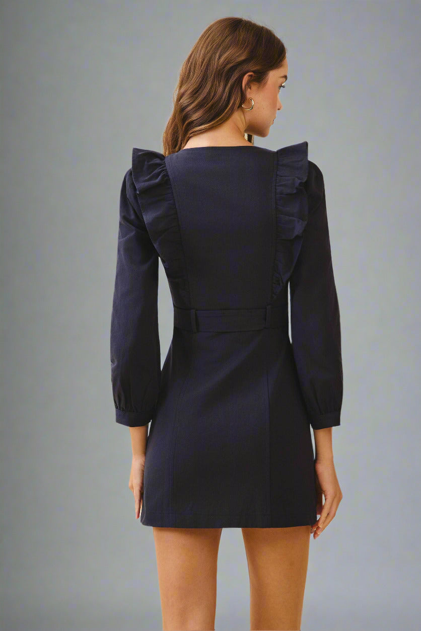Navy Zipper Closure Ruffle Dress with Pockets
