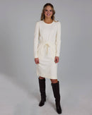 Cream Long Sleeve Knee Length Lightweight Knit Dress with Pockets
