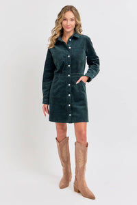 Hunter Green Corduroy Mini Dress with Pockets | The Pocket Mouse