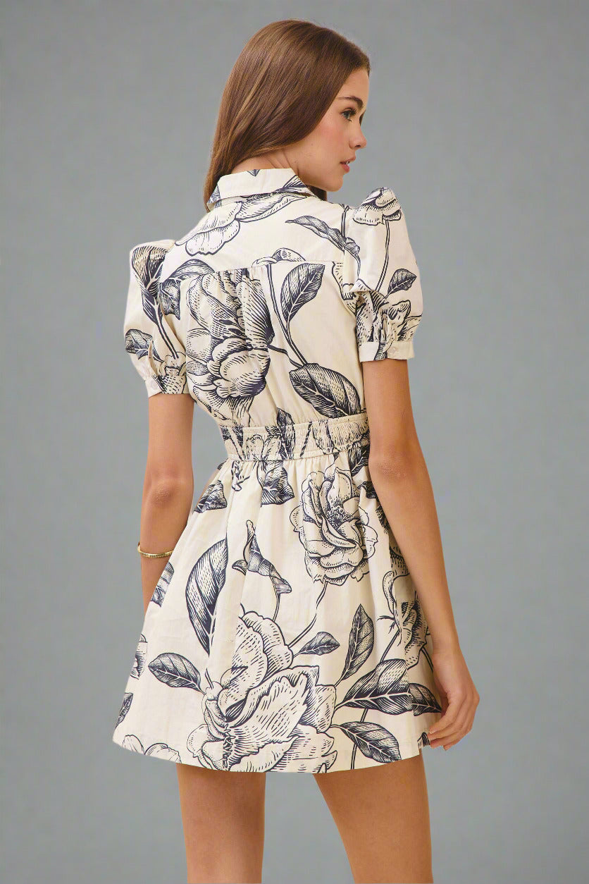 Floral Print Collared Neckline Dress with Pockets