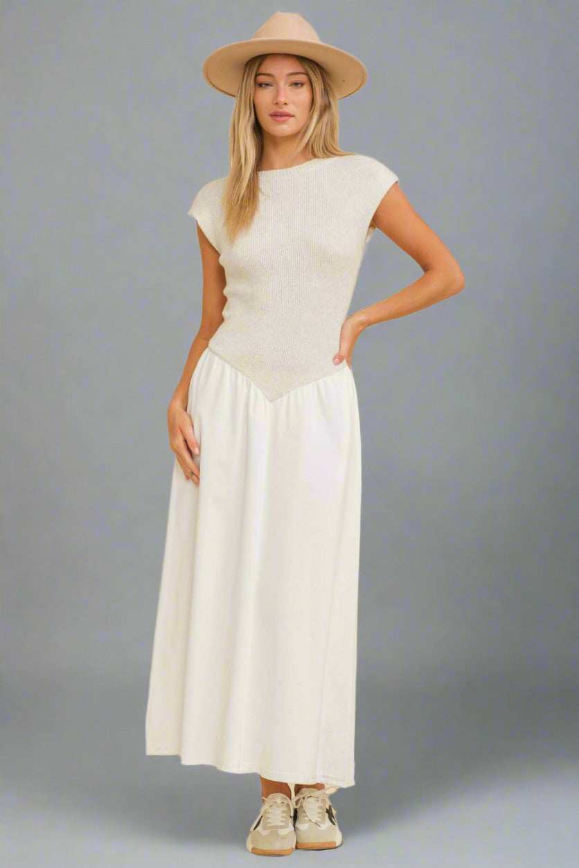Cap Sleeve Constrast Pleated Maxi Dress With Pockets