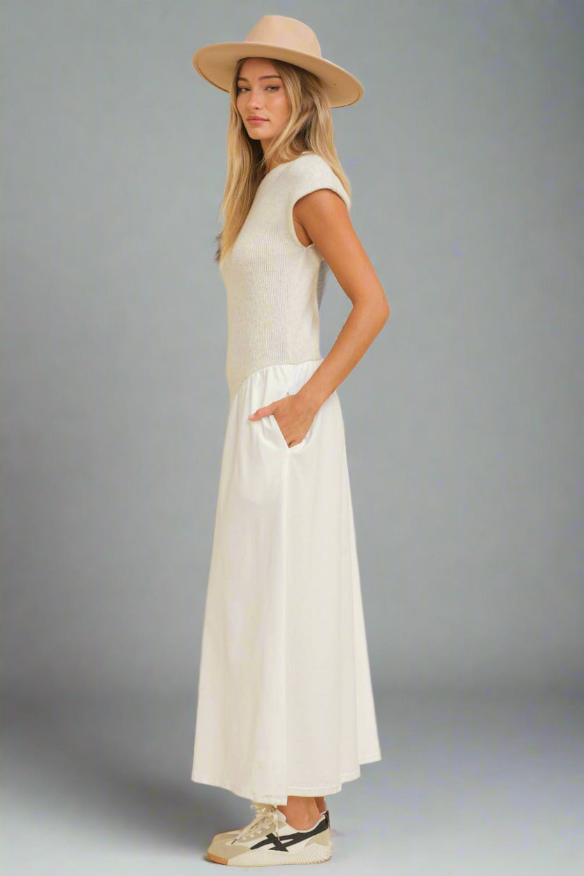 Cap Sleeve Constrast Pleated Maxi Dress With Pockets