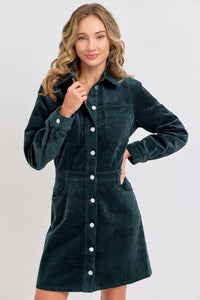Hunter Green Corduroy Mini Dress with Pockets | The Pocket Mouse