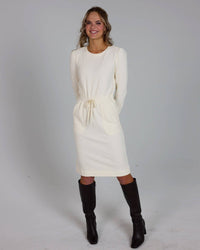 Cream Long Sleeve Knee Length Lightweight Knit Dress with Pockets