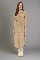 Collared Button Down Belted Midi Dress with Front Pockets