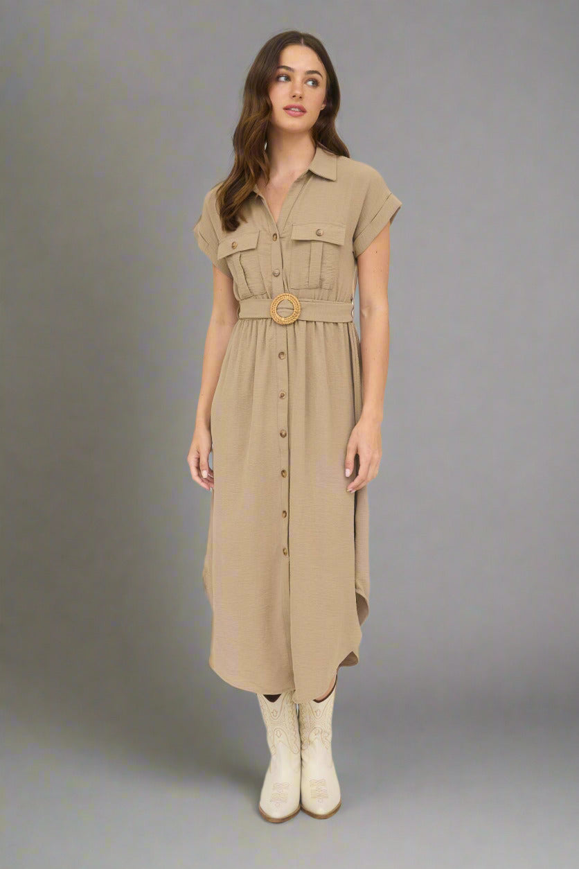Collared Button Down Belted Midi Dress with Front Pockets