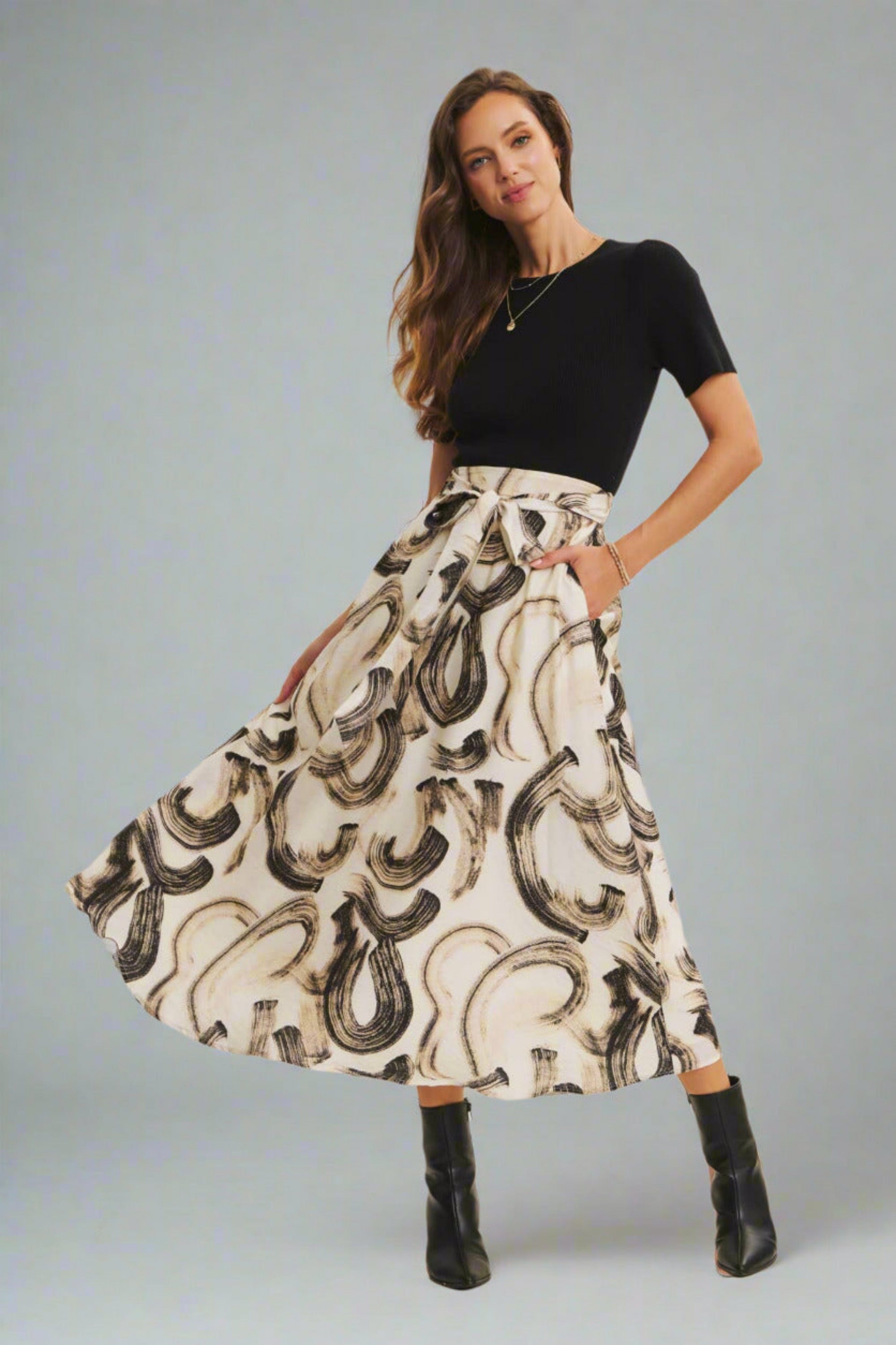 Black and Cream Dress Midi Dress with Pockets