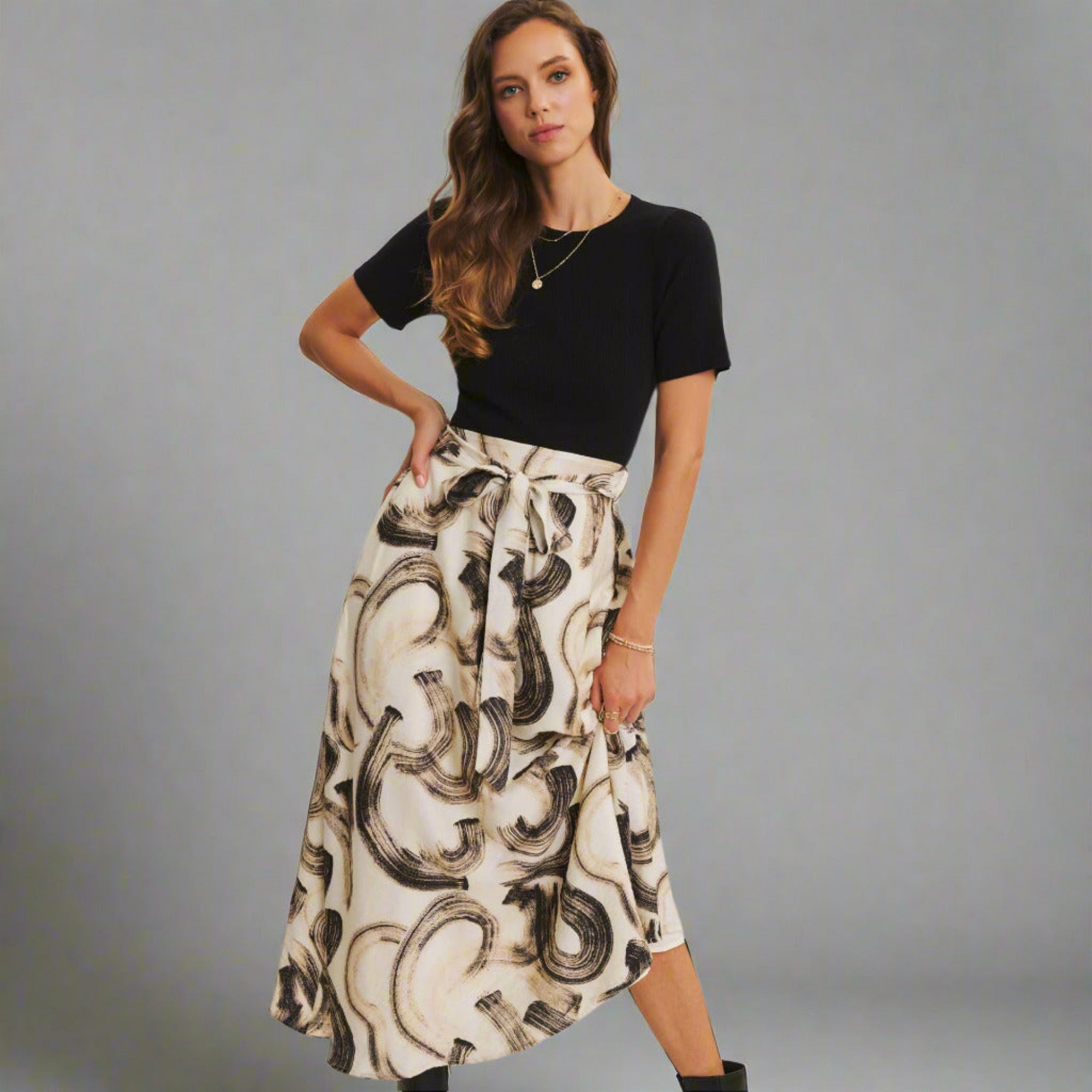 Black and Cream Dress Midi Dress with Pockets