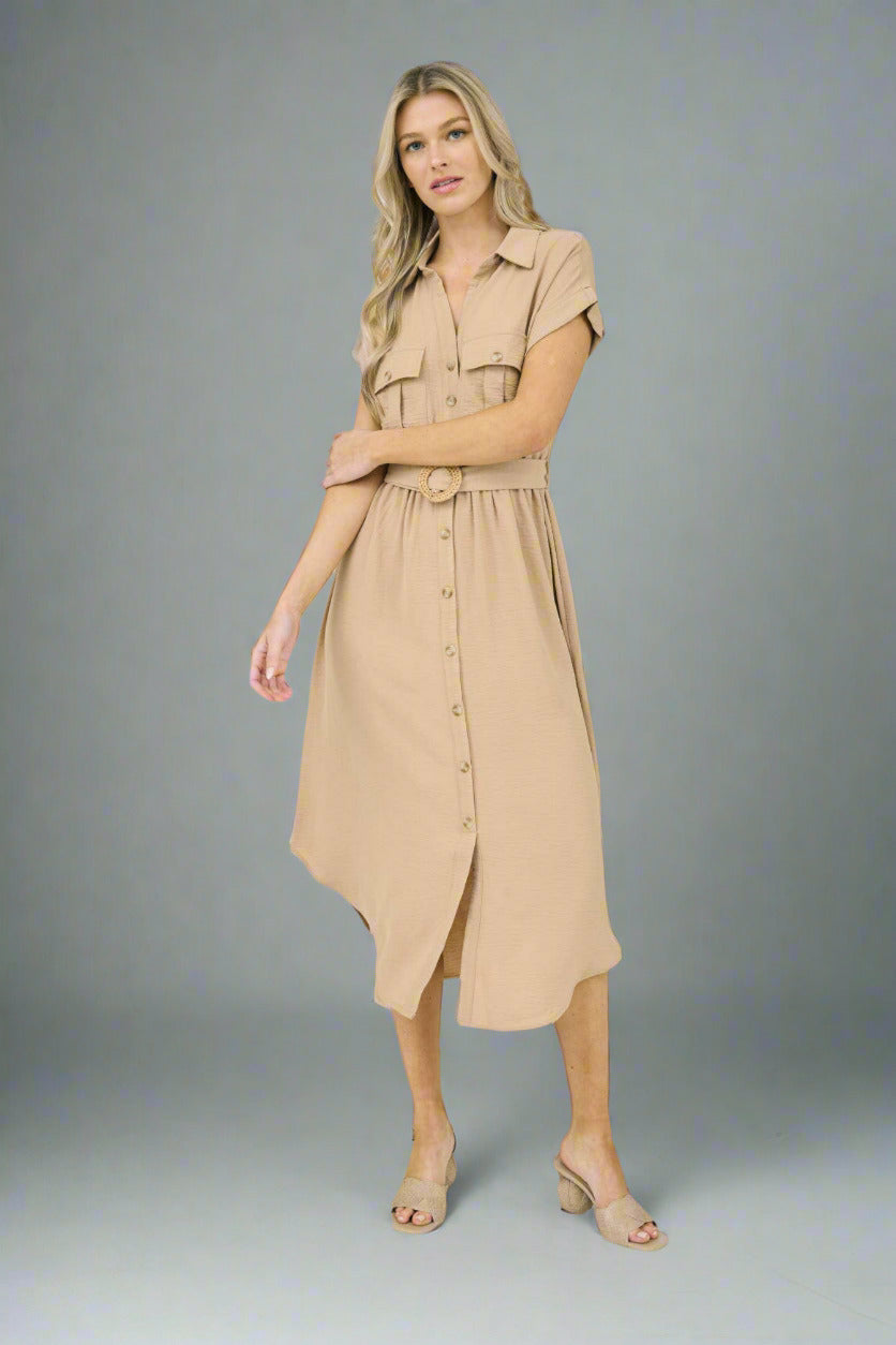 Collared Button Down Belted Midi Dress with Front Pockets