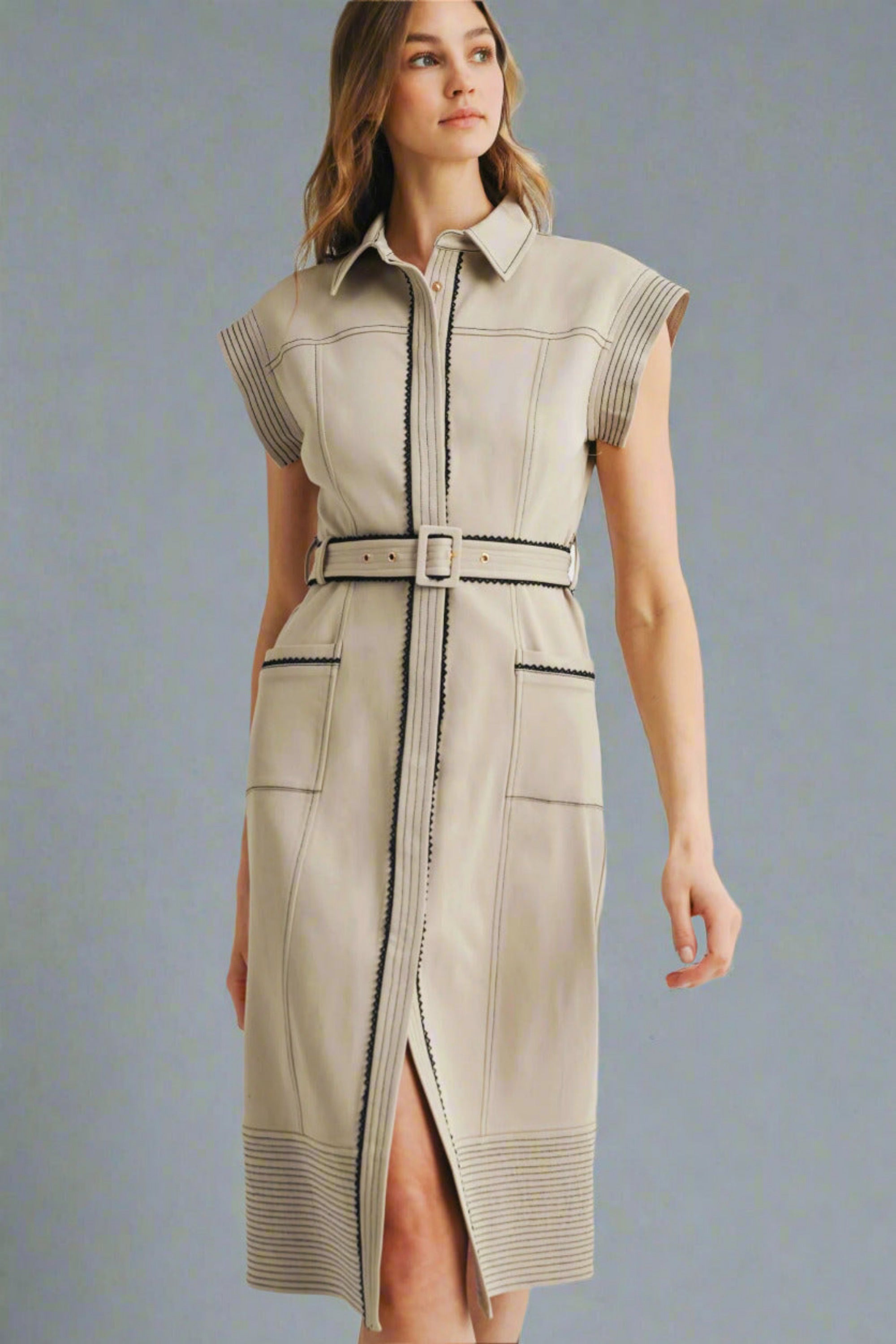 Collared Camel Color with Black Accent Midi Dress with Belt and Pockets