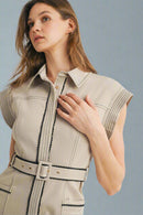 Collared Camel Color with Black Accent Midi Dress with Belt and Pockets
