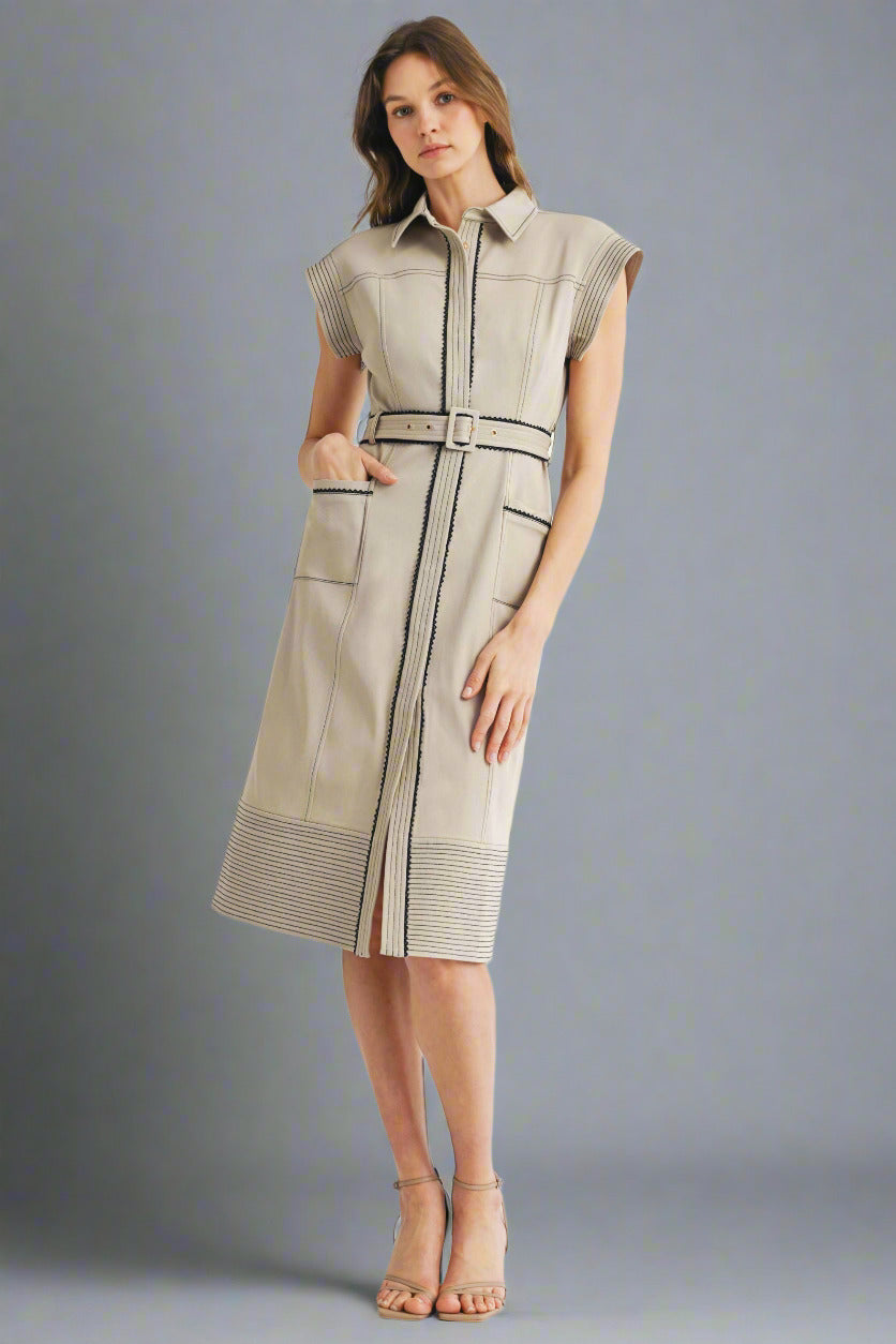 Collared Camel Color with Black Accent Midi Dress with Belt and Pockets