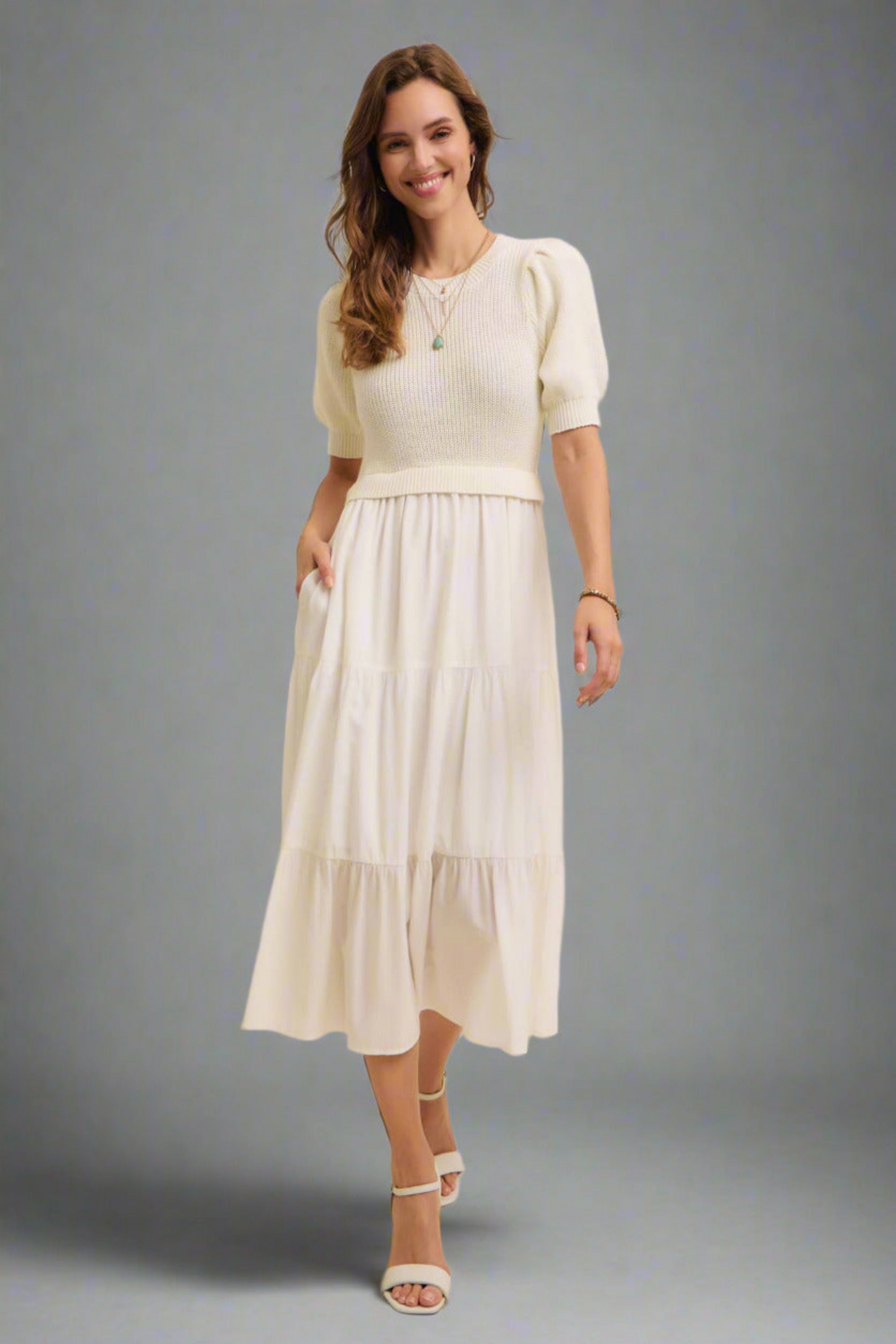 Cream Sweater Midi Dress with Woven Skirt with Pockets