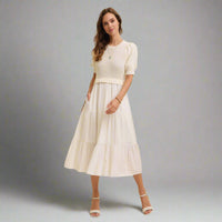 Cream Sweater Midi Dress with Woven Skirt with Pockets