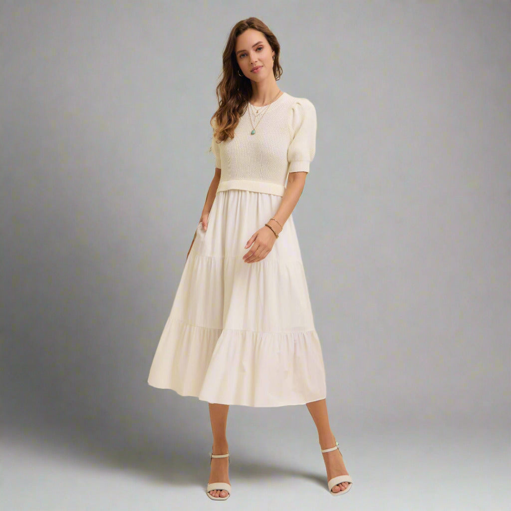 Cream Sweater Midi Dress with Woven Skirt with Pockets