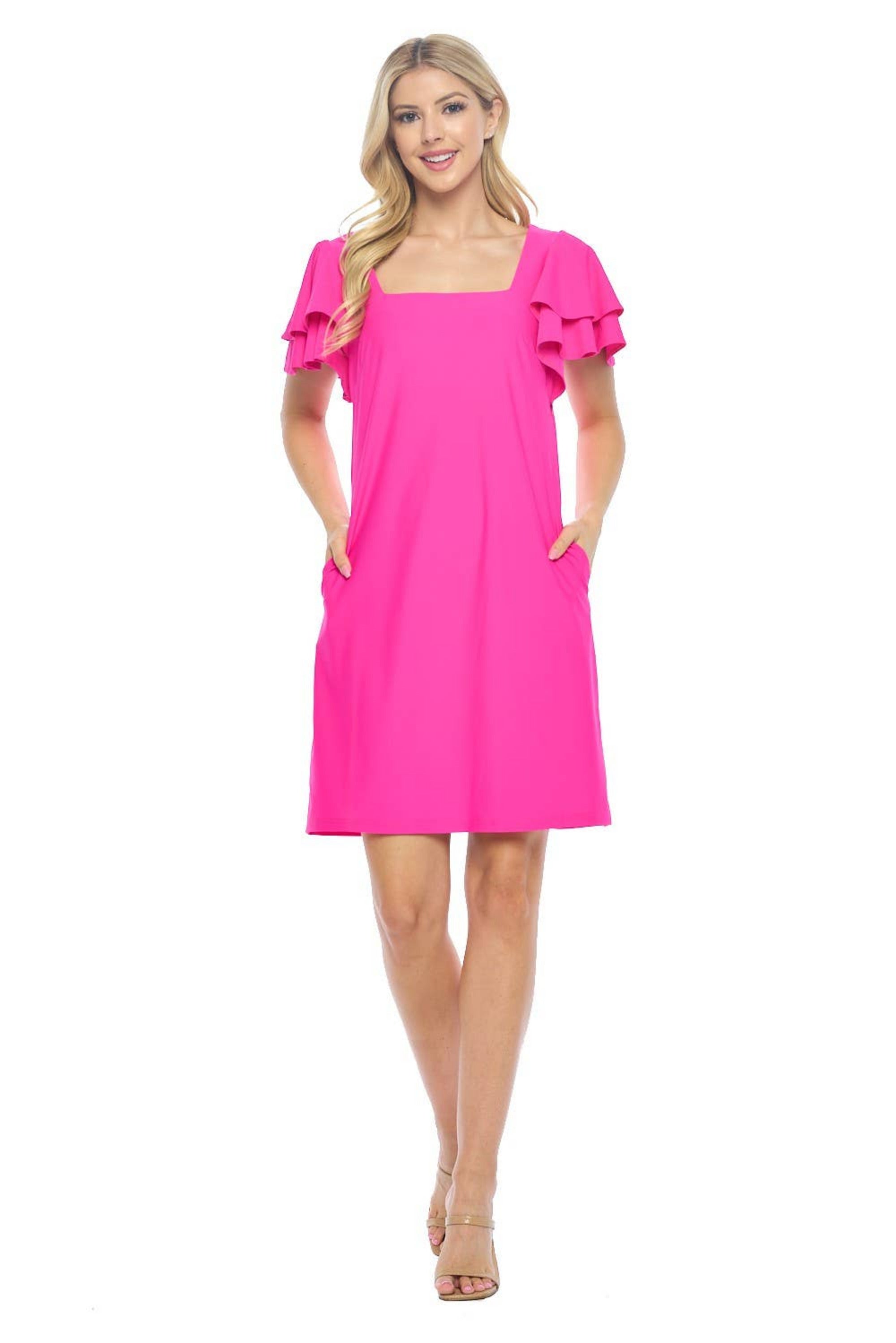 Hot Pink Ruffle Sleeve Square Neck Dress