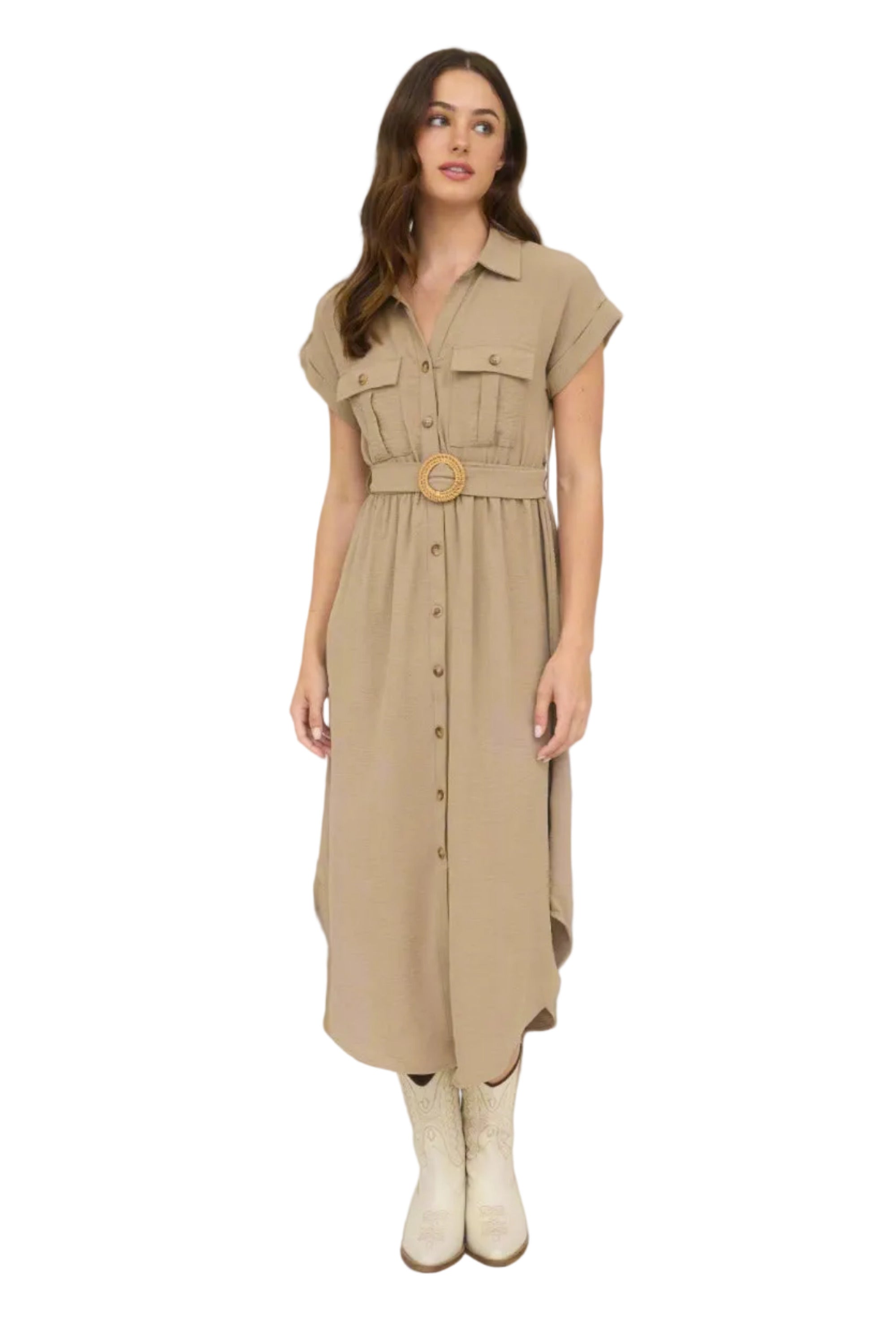 Collared Button Down Belted Work Dress with Front Pockets | The Pocket Mouse