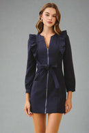 Navy Zipper Closure Ruffle Dress with Pockets