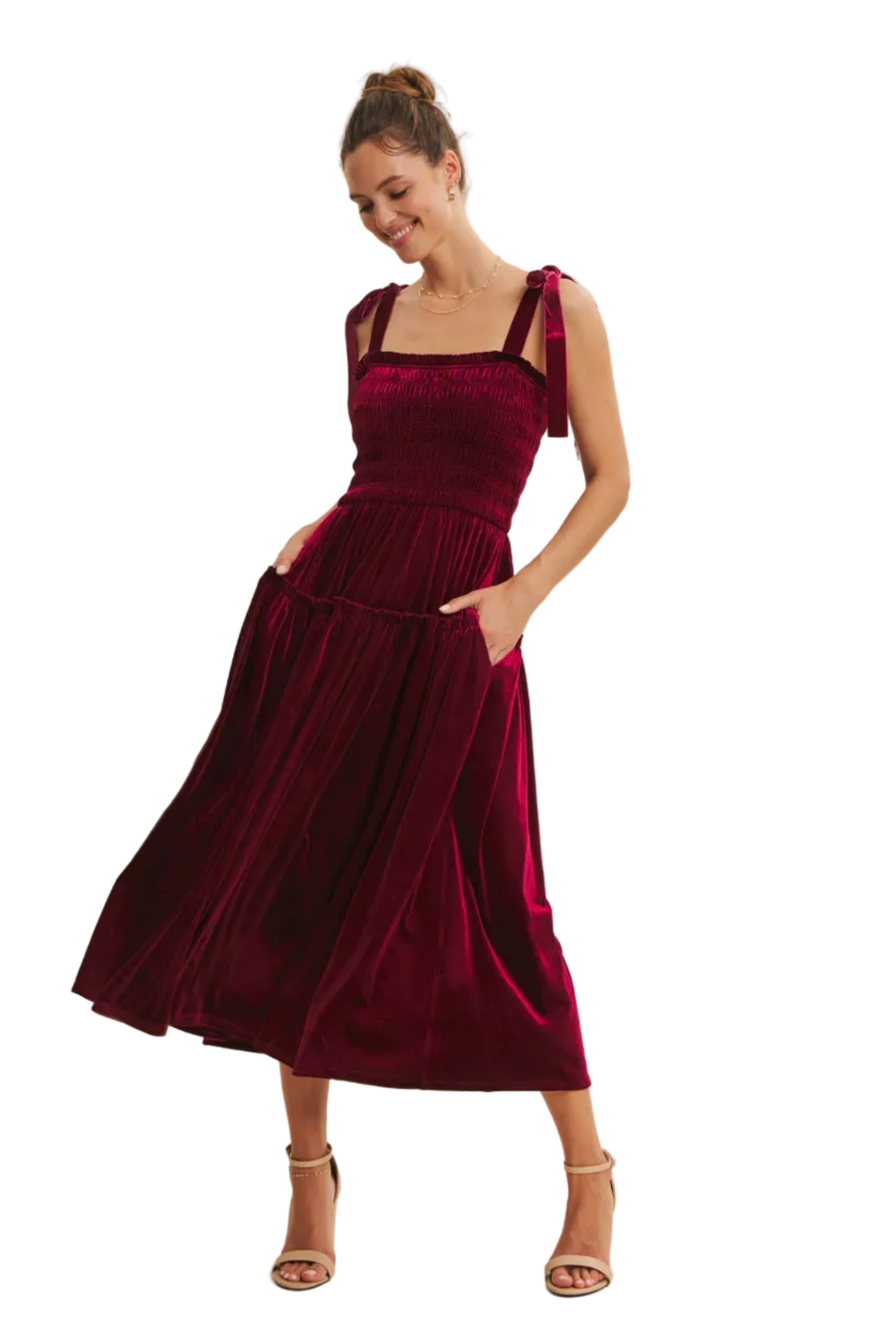 Burgundy Velvet Midi Cocktail Dress with Pockets | The Pocket Mouse