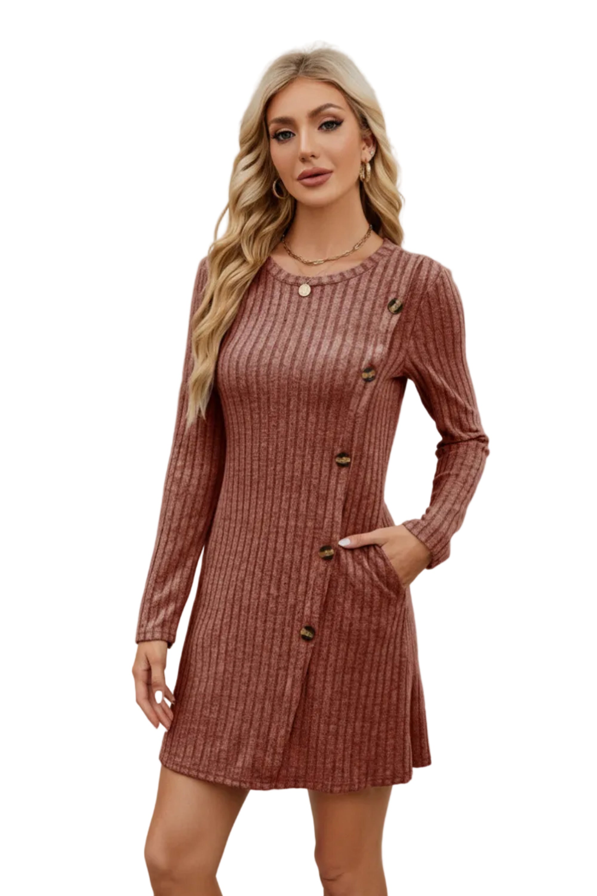 Mulberry Ribbed Knit Button Sweater Mini Dress with Pockets | The Pocket Mouse