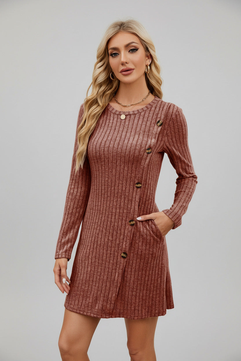 Mulberry Ribbed Knit Button Dress with Pockets