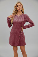 Mulberry Ribbed Knit Button Dress with Pockets
