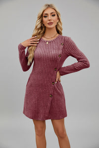 Mulberry Ribbed Knit Button Dress with Pockets
