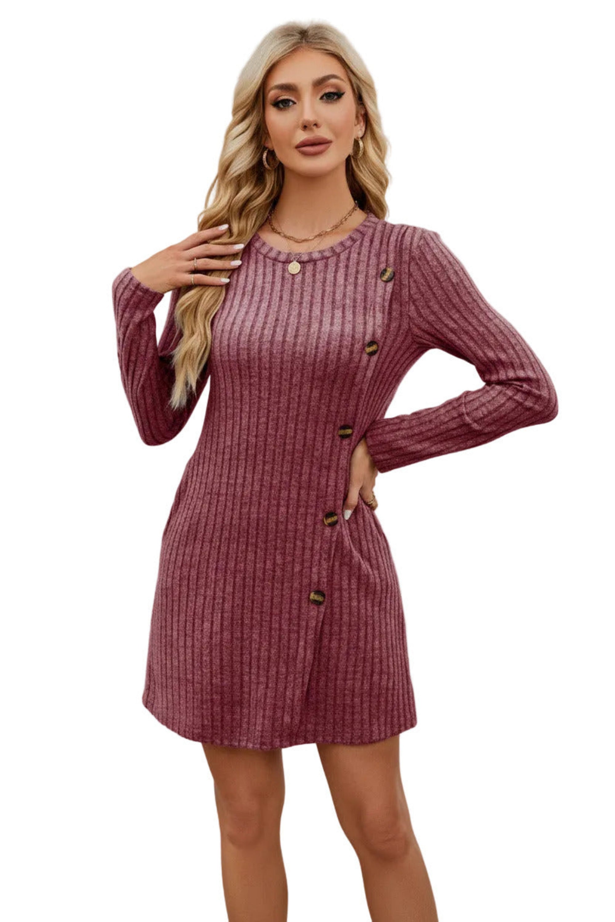 Mulberry Ribbed Knit Button Sweater Mini Dress with Pockets | The Pocket Mouse