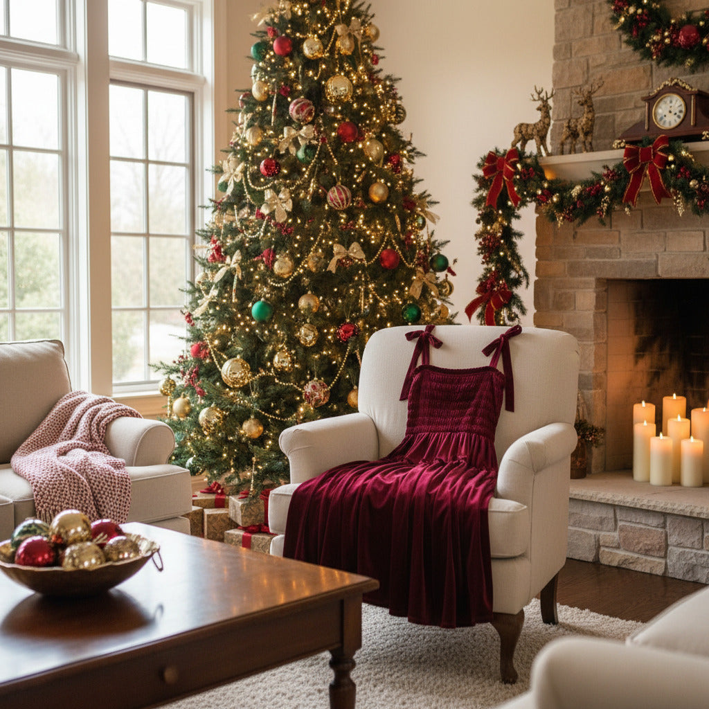 Wine colored Dress draped over a white chair in front of a fireplace and Christmas tree