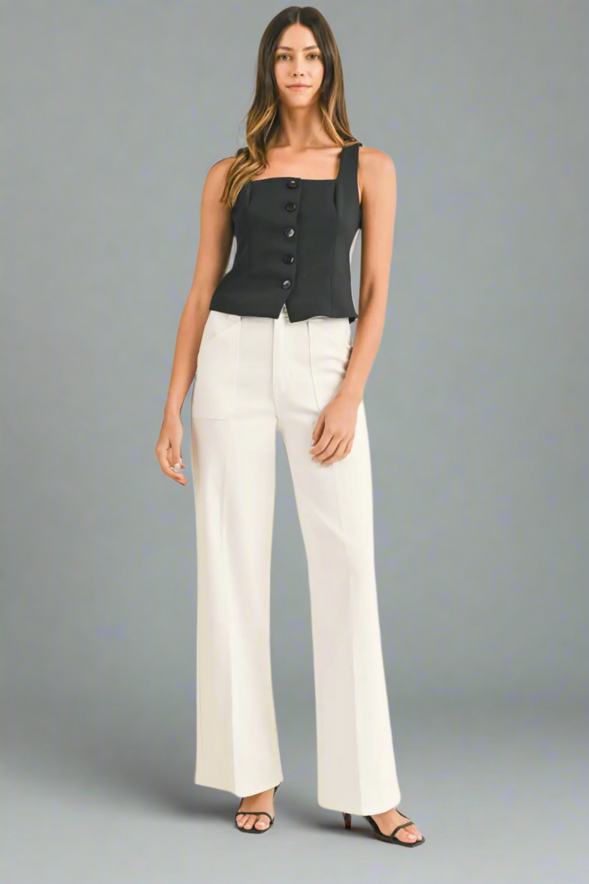 Patch Pocket Wide Leg Pants White with Front Pockets | The Pocket Mouse