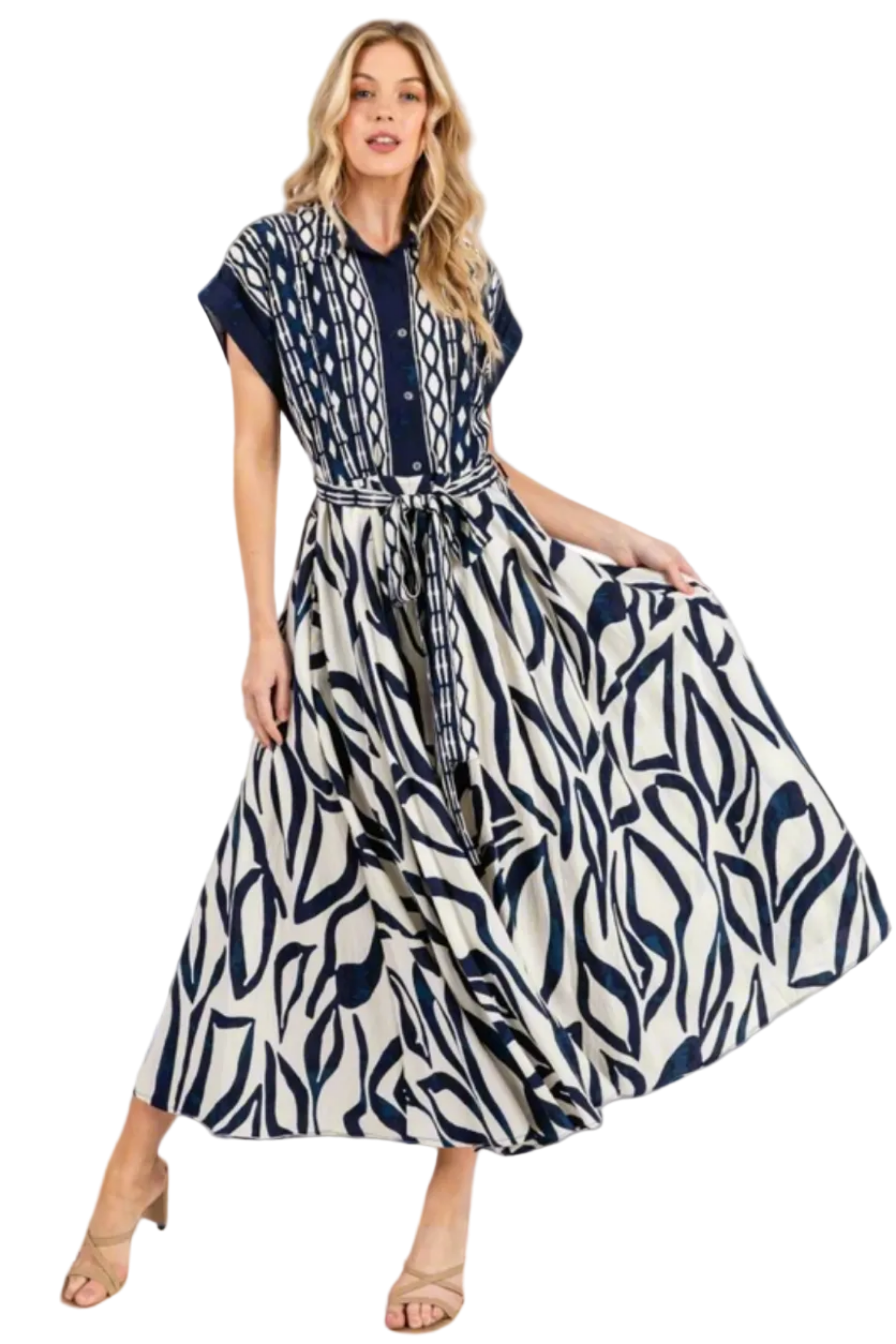 Navy & Cream Short Sleeve Dress with Pockets