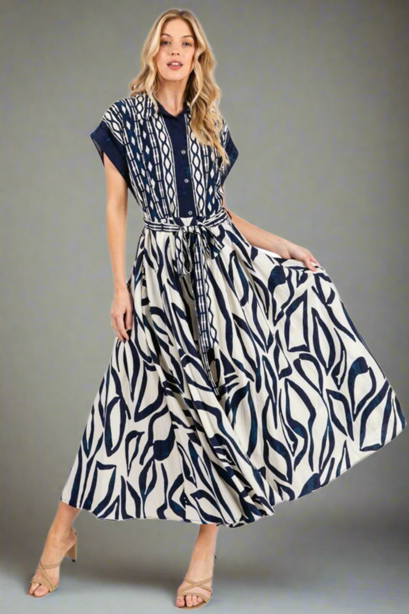 Woven Navy and Cream Print Maxi Dress with Short Sleeves and Pockets
