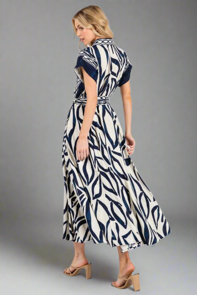Woven Navy and Cream Print Maxi Dress with Short Sleeves and Pockets
