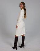 Cream Long Sleeve Knee Length Lightweight Knit Dress with Pockets