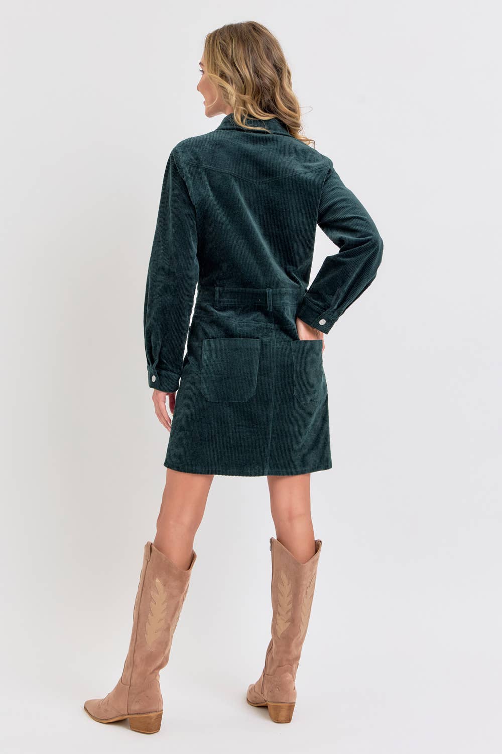 Hunter Green Corduroy Mini Dress with Pockets | The Pocket Mouse